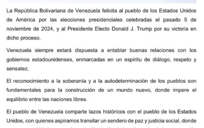 Gobierno de Venezuela felicita al presidente electo Donald Trump, por su victoria